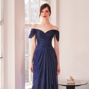 New Long Evening A-Line Off Shoulder Glitter Dress w/ Gathered Skirt CD T604